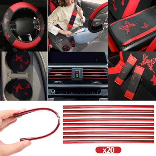 BBTO 47 Pcs Car Seat Full Set Car Accessories for Women 5 Front Rear Seat Covers Wrist Strap 2 Pieces Cup Mat Armrest Pad 2 Belt Cover Accessories for SUV(Red Black)