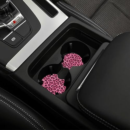 Leopard Print Pink Steering Wheel Cover Universal for 14-15 Inch Anti-Slip Breathable +2 Pieces Car Coasters, Cheetah Print hot Pink Car Wheel Cover for Women Men - color: Leopard pint