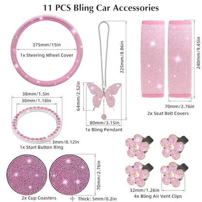 ARTILAURA 11 PCS Bling Car Accessories Set for Women Steering Wheel Covers Butterfly Hanging Seat Belt Cover Air Vent Clips Coasters Cute Glitter Diamond AUTO Accessories Kit (Pink) - color: Pink