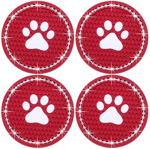 4PCS Bling Car Cup Holder Coaster, Universal Dog/Cat Paw Auto Non-Slip Crystal Rhinestone Cup Holder Coaster, 2.75In Universal Non-Slip Recessed Car Interior Accessories (Red & White) - color: Red & White, size: 4 pcs