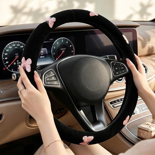 Pink Embroidery Butterfly Steering Wheel Cover, Nappa Leather Material, Universal 14.5-15 Inch Leather Anti-Slip Breathable Auto Steering Wheel Covers for Men Women - color: Embroidery-Pink Butterfly