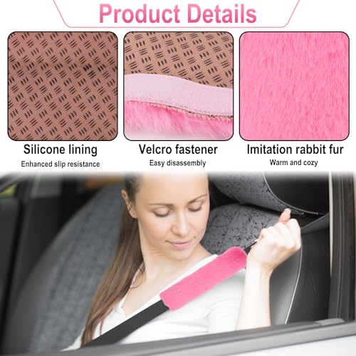 3 PCS Fluffy Steering Wheel Cover Set, 15'' Furry Car Wheel Cover, 2 Seat Belt Shoulder Pads, Anti-Slip Fur Steering Wheel Cover, Winter Warm Fluffy Car Accessories for Women, Pink - color: pink