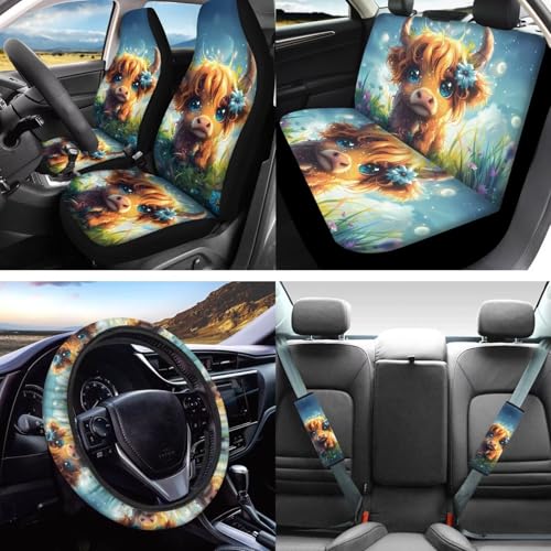 16 Pieces Car Seat Covers Full Sets, Highland Cattle Print Front Rear Seat Cover for Cars, Steering Wheel Cover Seat Belt Pads Arm Rest Covers Coaster Keychain, Universal Fit Auto Accessories - color: Brown and Blue - Highland Cattle