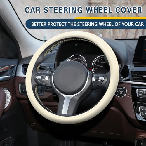 Car Steering Wheel Cover, 13 to 14.17 inches Non-Slip Silicone Steering Wheel Protector, Car Accessories Thin Soft Leather Texture Steering Wheel Protective Cover for Most Cars (Beige) - color: Beige
