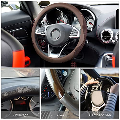 Car Steering Wheel Cover, Microfiber Breathable Ice Silk Leather Steering Wheel Cover Soft Anti-Slip Safety, 15inch Four Season Universal Fits for Most Truck,SUV,Cars (Coffee) - color: Coffee