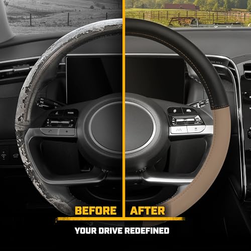 Cat® ErgoDrive Car Steering Wheel Cover with Tan Beige Grip, Black Faux Leather Steering Wheel Cover for Auto Truck Van SUV - Standard 14.5" - 15 Inches - color: Beige/Black, size: Standard (14.5-15")