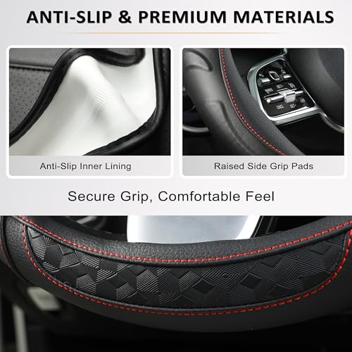 Black Seal Custom-Fit Steering Wheel Cover for Ford F-150, F-250, F-350, Expedition, 15.5–16", Anti-Slip PU Leather (Black+Red Line) - color: Black+Red Line