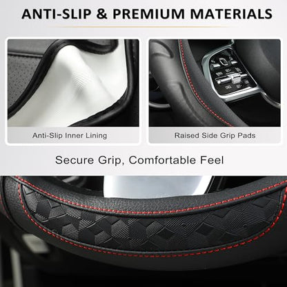 Black Seal Custom-Fit Steering Wheel Cover for Ford F-150, F-250, F-350, Expedition, 15.5–16", Anti-Slip PU Leather (Black+Red Line) - color: Black+Red Line