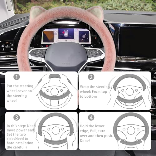 Car Steering Wheel Cover, Cute Steering Wheel Protector with Kitty Cat Ears,Fluffy Soft Plush for Winter Warm, Universal Fit 15 inches for Car,SUV, Elastic & Anti-Slip (Pink) - color: Pink