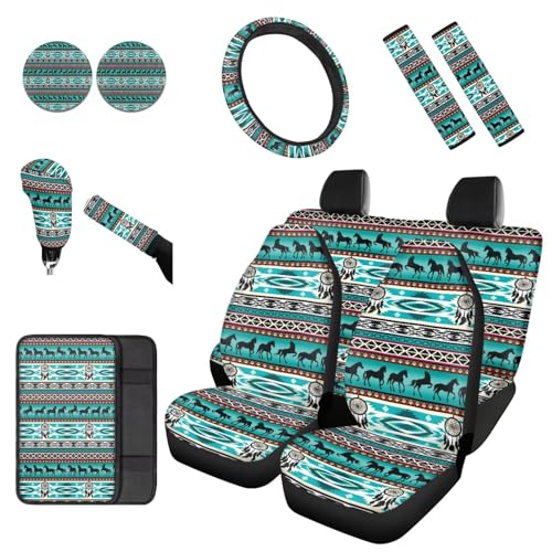 Dreaweet Aztec Car Seat Covers Full Set Native American Dreamcatcher and Horse Seat Covers with Steering Wheel Cover,Armrest Pads,Seat Belt Pads,Coasters,Gear Shift & Handbrake Cover,Universal Fit - color: Aztec Dreamcatcher Horse