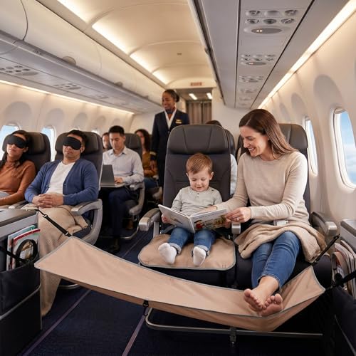Ergonomic Airplane Hammock Seat Cover with Footrest for Comfortable Travel Portable Outdoor Use Khaki