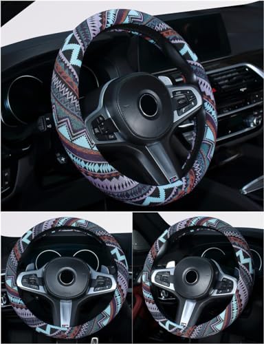 Ethnic Style Coarse Flax Cloth Automotive Steering Wheel Cover Anti Slip and Sweat Absorption Auto Car Wrap Cover (M, 14.5''-15'') - color: M, size: 14.5 - 15 inches