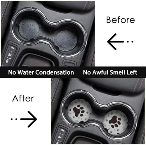 Absorbent Car Coasters 2 Pack for Cup Holders, 2.56" Ceramic Stone & Non-Scratch Cork Base Drink Coasters Dog Footprints