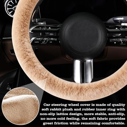 Furry Warm Steering Wheel Cover, Universal 14.5-15 Inch Winter Plush Warm Steering Wheel Cover, Soft Fluffy, Anti-Slip Design, Soft Texture (Camel) - color: Camel Plush