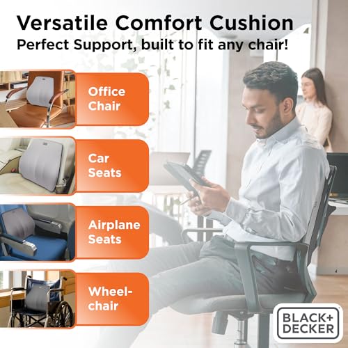 BLACK+DECKER Memory Foam Lumbar Support Pillow, Lumbar Cushion for Office, Car, Wheelchair & Airplane – Adjustable Strap, Full Back Pain Relief, Washable Cover, Grey/Blue - color: Grey/Blue