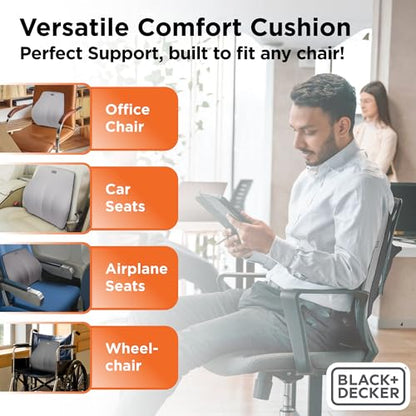 BLACK+DECKER Memory Foam Lumbar Support Pillow, Lumbar Cushion for Office, Car, Wheelchair & Airplane – Adjustable Strap, Full Back Pain Relief, Washable Cover, Grey/Blue - color: Grey/Blue