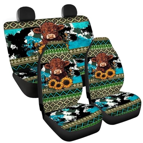 Howilath Aztec Sunflower Highland Cow Car Seat Cover Full Set 4-Piece Universal Fit Front & Rear Bench Car Seat Covers Auto Accessories Fit SUV Sedan Van - color: Aztec Sunflower Highland Cow