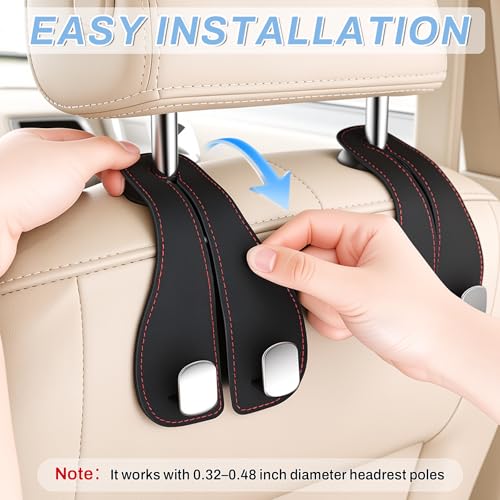 2PCS Car Purse Holder Hook, Seat Back Storage Hook, Leather-Wrapped Alloy Double Headrest Hook for Purses & Bags, Cute Car Interior Accessories for Women and Men, Black