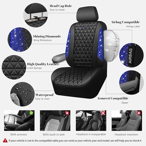 CAR PASS Bling Diamond Black Leather Car Seat Covers Full Set Interior Sets, Waterproof Shining Glitter Sparkly Crystal Universal Armrest Fit Automotive Truck SUV Cute Women Girl, Blue Rhinestone - color: Blue Rhinestone, size: Full Set