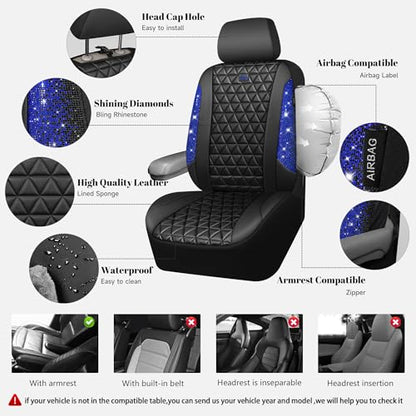 CAR PASS Bling Diamond Black Leather Car Seat Covers Full Set Interior Sets, Waterproof Shining Glitter Sparkly Crystal Universal Armrest Fit Automotive Truck SUV Cute Women Girl, Blue Rhinestone - color: Blue Rhinestone, size: Full Set