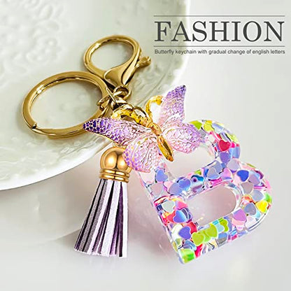 JINGUAZI Initial letter Keychains for Women Tassel Butterfly Pink Purple Cute Car Keychain for Wallet Backpack bag charm - color: B-purple