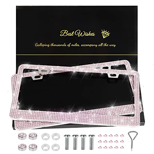 QUANQIUFEI 2 Pack Bling License Plate Frames for Women, Sparkly Rhinestone Diamond Car Accessories with Glitter Crystal Caps (Pink) - color: Pink