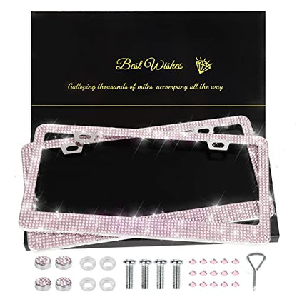 QUANQIUFEI 2 Pack Bling License Plate Frames for Women, Sparkly Rhinestone Diamond Car Accessories with Glitter Crystal Caps (Pink) - color: Pink