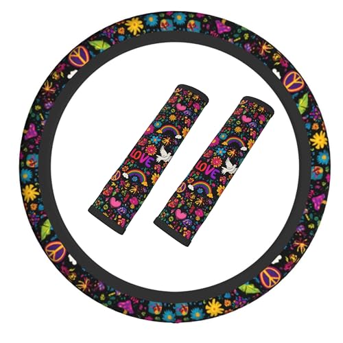 Retro Flower Peace Rainbow Love Steering Wheel Cover Elastic Non-Slip Car Steering Wheel Covers with Seat Belt Shoulder Pad for Women Men - color: Retro Flower Peace Rainbow Love