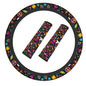 Retro Flower Peace Rainbow Love Steering Wheel Cover Elastic Non-Slip Car Steering Wheel Covers with Seat Belt Shoulder Pad for Women Men - color: Retro Flower Peace Rainbow Love