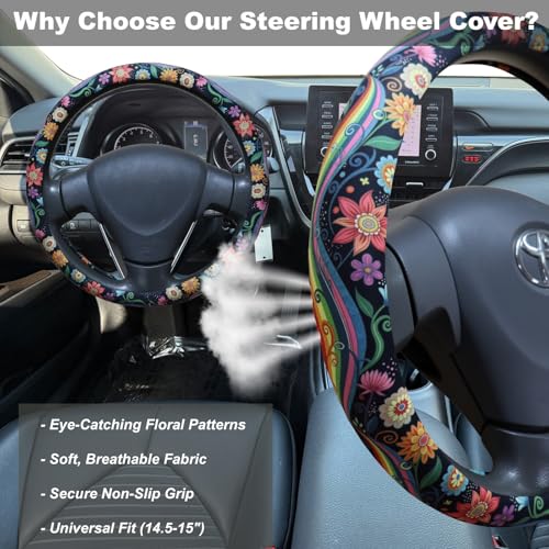 Rainbow Flowers Floral Steering Wheel Cover for 14.5-15 Inch Wheels, Premium Fabric with Non-Slip Rubber Inner Ring (Rainbow)