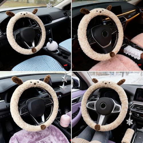 Soft Plush Fluffy Steering Wheel Cover for Women Girls, Universal 14.5-15 Inch Non-Slip Warm Winter Car Steering Wheel Protector, Stylish Cartoon Car Interior Decoration Accessories