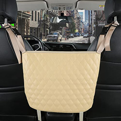Car Organizers and Storage Purse Holder, Large Capacity Car Net Pocket Handbag Holder, Automotive Consoles & Backseat Organizer, Leather Back Seat Bag Between Car Front Seats, Beige - color: Beige