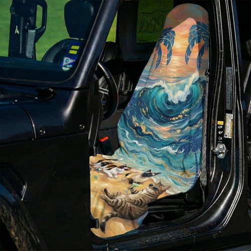 2 Pack Car Seat Towel Covers, Sweat-Proof Microfiber Seat Protectors for Gym, Running, Beach & Workout, Breathable Quick-Dry, Machine Washable, Ocean Cat Beach Print, Universal Fit - color: Ocean Cat Beach