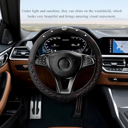 Soft Leather Steering Wheel Cover, 15 Inch Elastic Non-Slip Car Wheel Protector with Crystal Diamond, Universal Sparkling Diamond Crown Accessories for Most Steering Wheels (Black) - color: Black