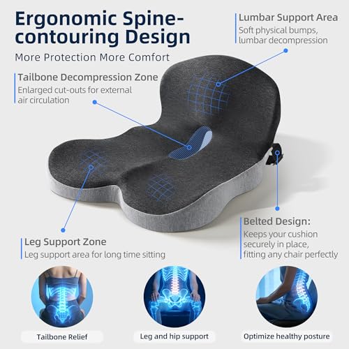 lazyzzz Office Chair Cushion, Memory Foam Seat Cushion with Lumbar Support & Adjustable Strap, Ergonomic Car Orthopedic Seat Cushion Back Pain Relief for Truck Driver, Office Chair, Gaming Chair