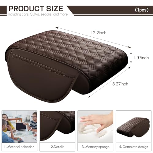 Car Armrest Cushion, 12.2"×8.3" Leather Auto Memory Foam Center Console Pad with Storage Pocket, Waterproof & Anti-Scratch Elbow Pillow Armrest Seat Box Protector, Universal Fit (Coffee) - color: Coffee