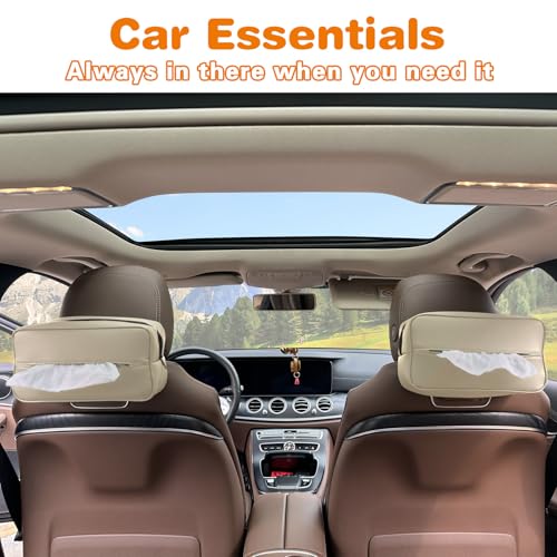 Witaxima Large Car Tissue Holder for 120 Standard Tissues, Premium PU Leather Tissue Holder in Car Backseat Rectangular, Napkin Holder for Car Fits for Kleenex Tissues Box Daily Use Black (2, Beige)