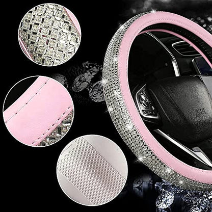 Bling Diamond Leather Steering Wheel Cover, Pink Steering Wheel Covers for Women Girls with Crystal Rhinestones, Universal Fit 14.5“-15" Car Steering Wheel Bling Cover Accessories - color: Crystal White Diamond