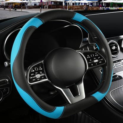 Microfiber Leather D Shaped Steering Wheel Cover, Breathable, Anti Slip, 13.5 inch to 14 inch, Black with Blue - color: Black Blue, size: D Shape-Small[13.5''-14'']