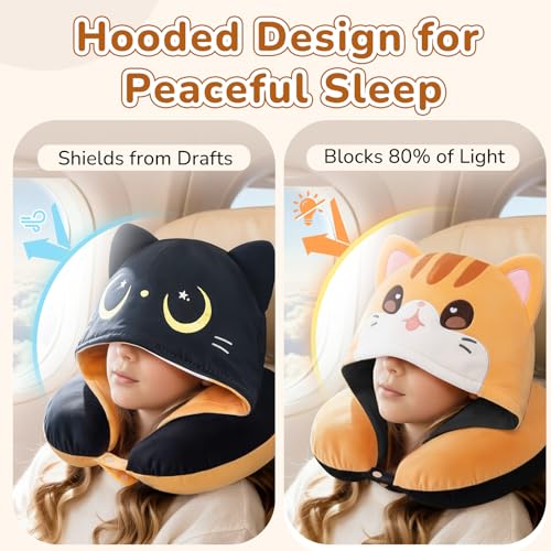 Certified to ASTM & CPSIA Standards–Kids Travel Neck Pillow with Hood,Memory Foam Airplane Pillow,Double-Sided, Cute Design, Cooling Ice Silk & Soft Plush, Adjustable, Portable & Washable for Flights