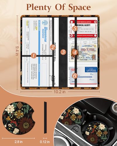 Slohif Car Registration and Insurance Holder - Boho Vehicle Glove Box Organizer Women with Magnetic Shut Leather Automobile License Holders Coasters Auto Accessories Case for Document - color: Art Flowers