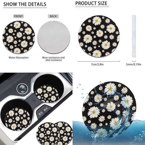 Daisy Flower Print Car Seat Covers Full Set 12 Pcs Car Accessories Set for Cars Seat Covers Armrest Cushion Cup Holders Headrest Cover Steering Wheel Cover for Women - color: Black Daisy