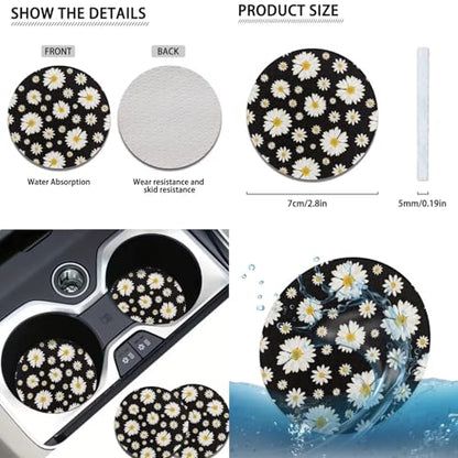 Daisy Flower Print Car Seat Covers Full Set 12 Pcs Car Accessories Set for Cars Seat Covers Armrest Cushion Cup Holders Headrest Cover Steering Wheel Cover for Women - color: Black Daisy