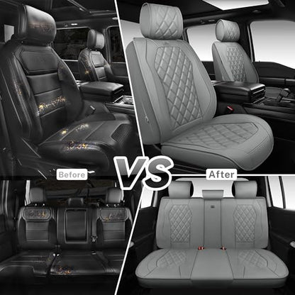 CAR PASS Luxury Nappa Leather Seat Covers Full Set, 3D Rhombus Waterproof Faux Leather Seat Covers, Universal Automotive Seat Cushion Fit for Most Sedan SUV Truck Van, Armrest Airbag Compatible Gray - color: gray