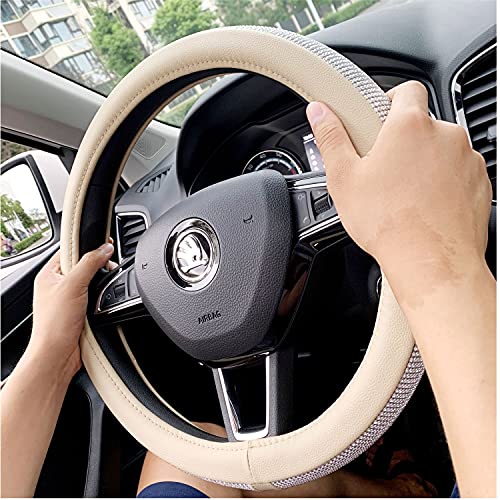 Beige Universal Non-Slip Crystal Steering Wheel Cover with PU Leather and Bling Diamond Rhinestones,Decorative Sparkly Car Accessories case,15''