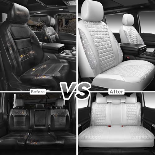 CAR PASS All White Bling Diamond Leather Car Seat Covers Full Sets,Waterproof Shining Glitter Sparkly Crystal Universal Fit for Automotive Truck SUV Cute Women Girl Airbag Compatable,Sliver Rhinestone - color: All White Rhinestone, size: Full Set
