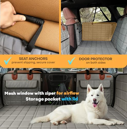 APetsPlanet Backseat Extender for Dogs, Dog Seat Cover Hard Bottom for Car Backseat & Truck Travel Bed, Platform Hammock Mat Converts Rear Seat Into Backseat Bed, Grey Leather with Door Covers - style: Grey Leather - With Door Covers