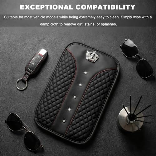 Bling Crown Car Center Console Cover, Crystal Leather Auto Armrest Box Cushion with 2 Storage Bags, Universal Crown Middle Console Cover Arm Rest Protector for Most Vehicles (Black) - color: Black