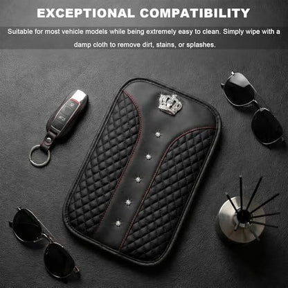 Bling Crown Car Center Console Cover, Crystal Leather Auto Armrest Box Cushion with 2 Storage Bags, Universal Crown Middle Console Cover Arm Rest Protector for Most Vehicles (Black) - color: Black