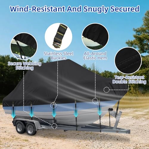 Marine Grade Waterproof Center Console Boat Cover with T Top Roof, Tear Resistant Trailerable Storage Covers, All-Weather Protection T-Top Boat Cover 20-22 ft, Beam Width Up to 106", Black - color: Black, size: 20'-22' Long (Beam Width Up to 106")